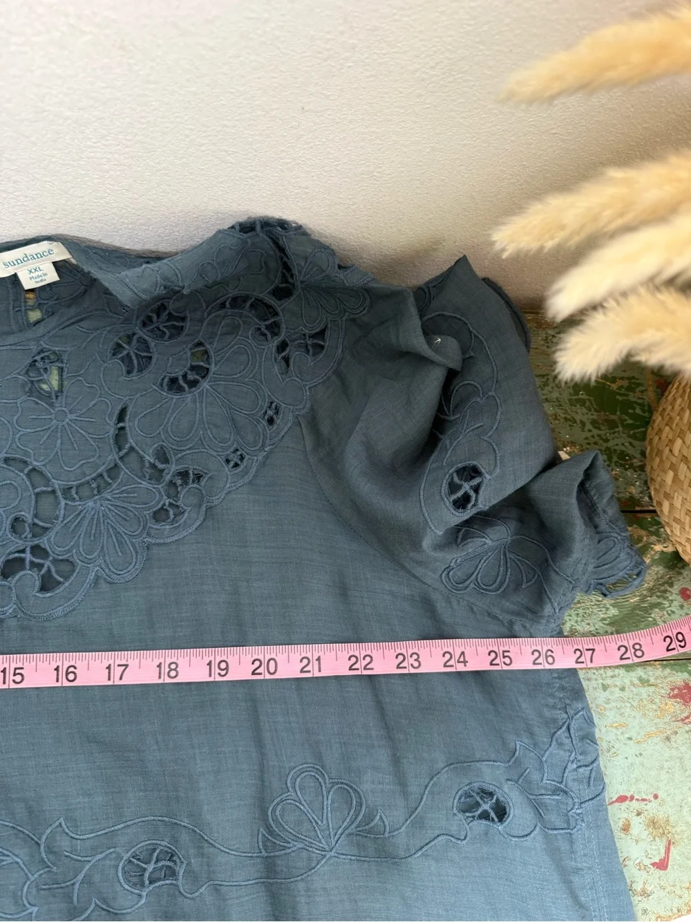 Sundance Blue Gray Embroidered Ramie Shift Dress XXL Boho Cutwork Lace Feminine